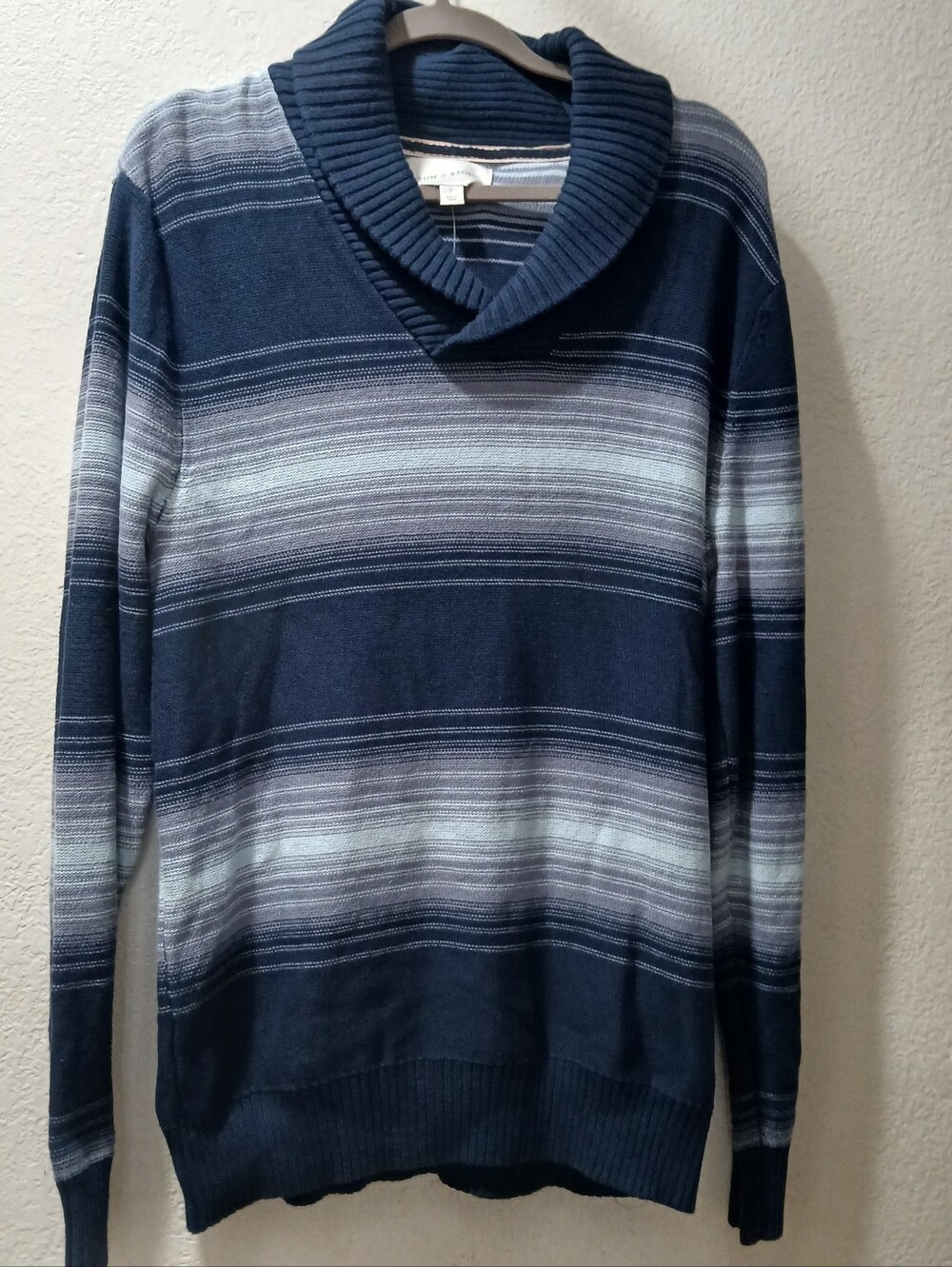 New Sun + stone L Men's Shawl Collar Striped Sweater - Navy